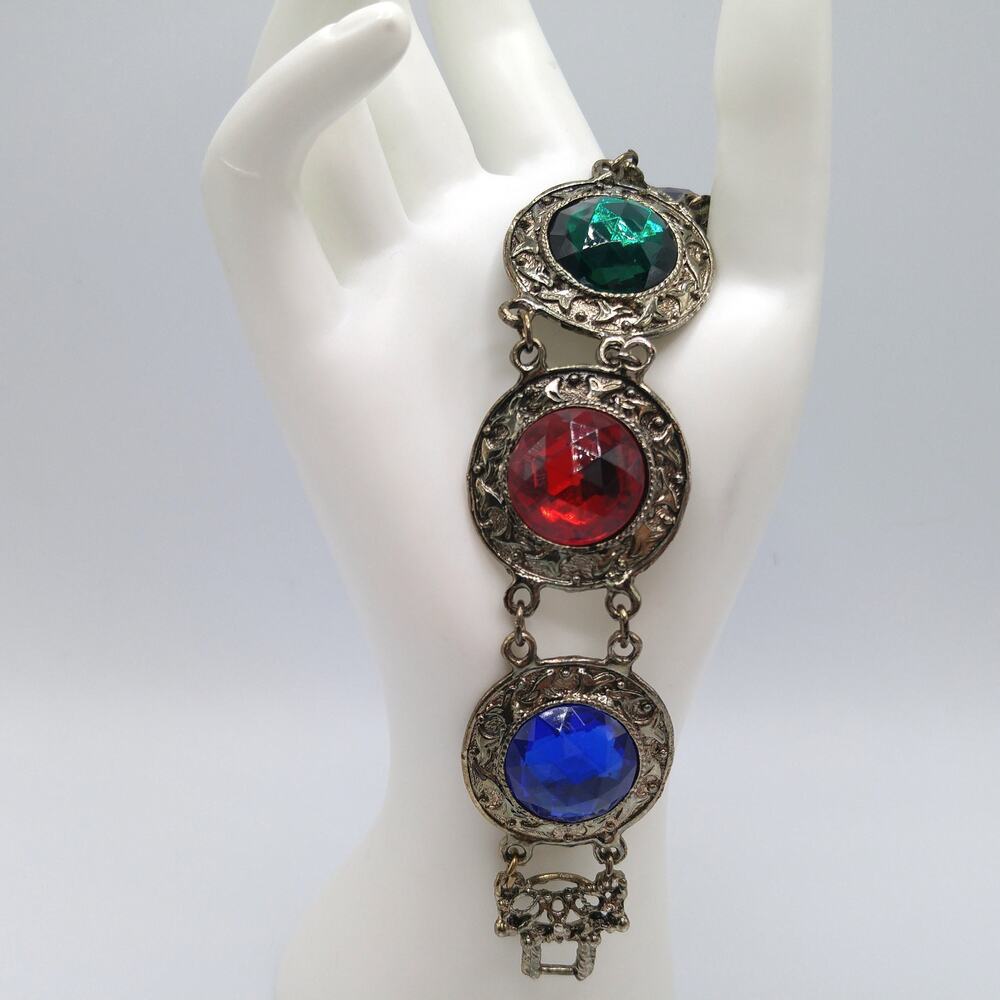 Vintage Multicolor Lucite Cabochon Bracelet Chunky Gold Tone Links